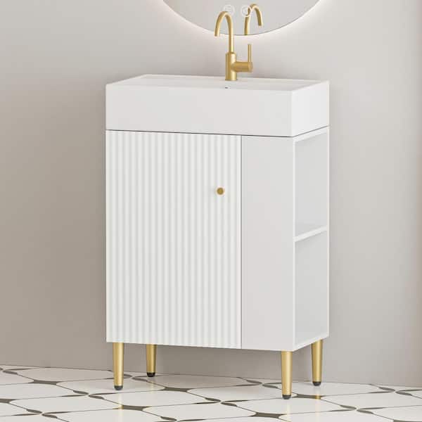 22 in. W x 12 in. D x 34" H Single Sink Bath Vanity in White with White Ceramic Top and Right Side Open Storage Shelves