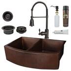 All-in-One Apron Front Copper 33 in. 50/50 Double Bowl Kitchen Rounded Apron Sink with Spring Faucet, Oil Rubbed Bronze