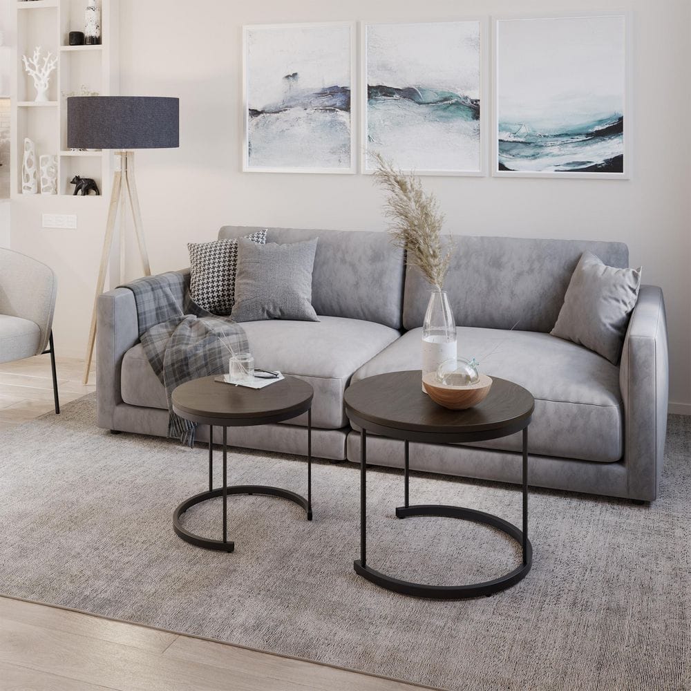 Modern Round Nesting Coffee Table Set in Sleek Brown Wood & Metal