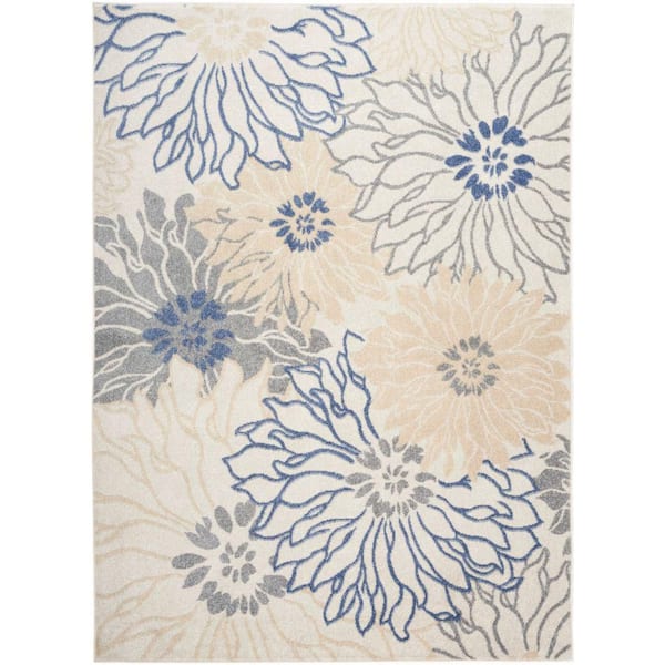 Nourison Passion Ivory Grey Blue 5 ft. x 7 ft. Floral Contemporary Area Rug