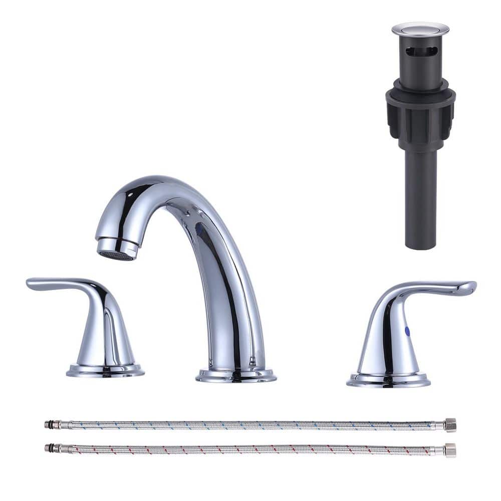 3-Holes 8 in. Widespread Double Handle Bathroom Faucet with Pop-Up Drain Assembly in Polished Chrome price history on PriceWatchPro