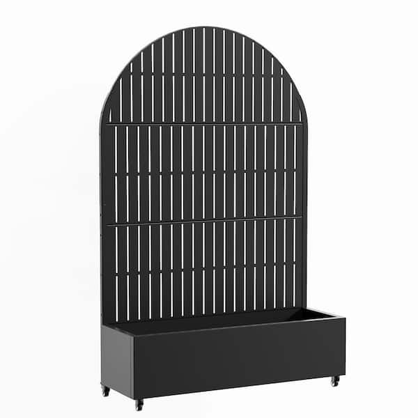 72 in. x 47 in. Arch Black Outdoor Metal Privacy Screen Raised Planter Box Wall Decor