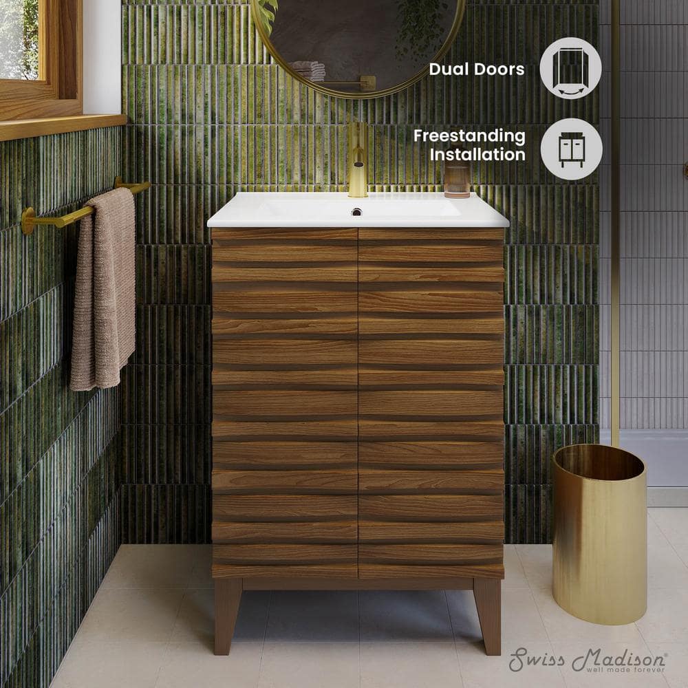 Cascade 24" Brown Oak Freestanding Bathroom Vanity with White Ceramic Top