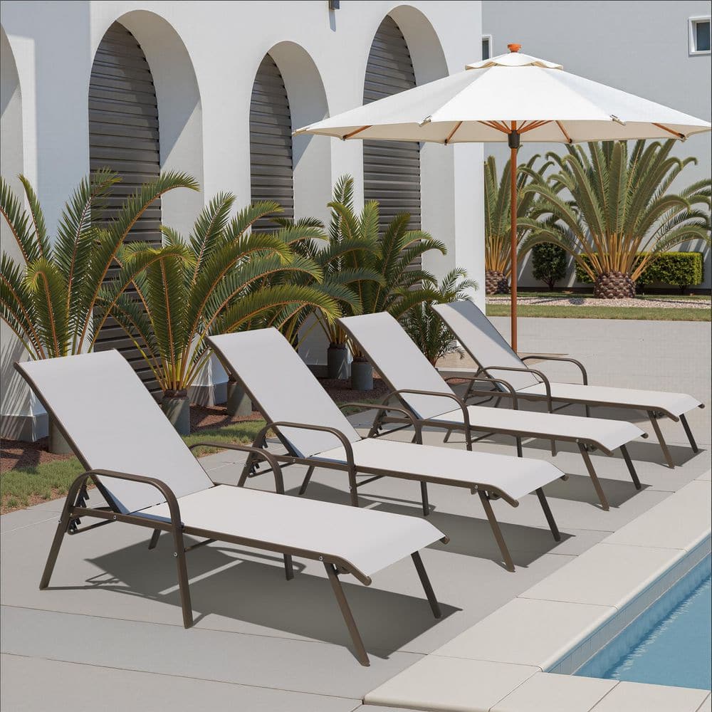 All-Weather 4-Piece Outdoor Chaise Lounge w/ 6-Position Adjustable Metal Backrest and Armrest in Light Gray for Poolside