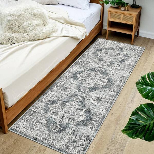 Ultra-Thin Washable Vintage Floral Rug Soft Non-Slip for Bedroom Living Room Office Green，2X6ft