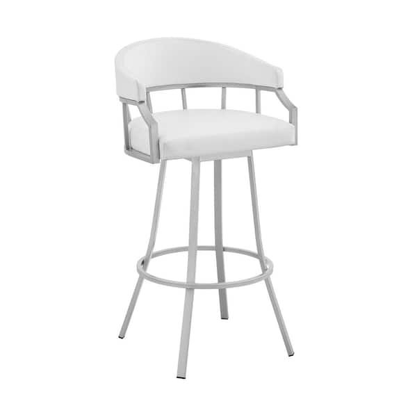 Armen Living Valerie 26 in. White/Silver High Back Metal Swivel Counter Stool with Faux Leather Seat