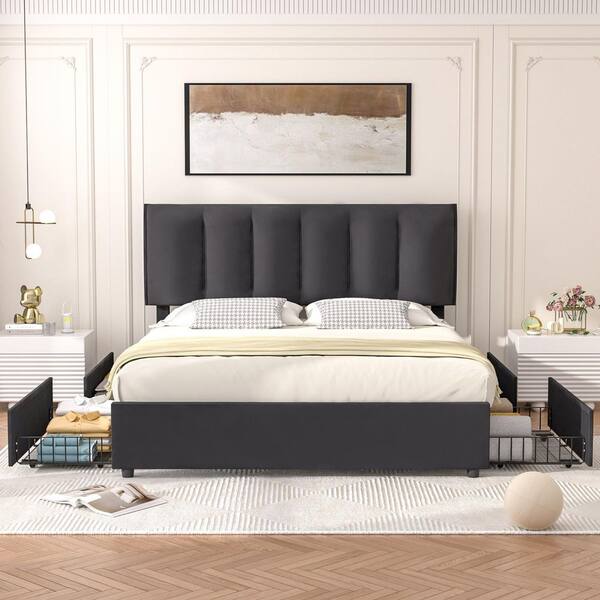 VECELO Upholstered Bed Frame Black Full Metal Frame With 4