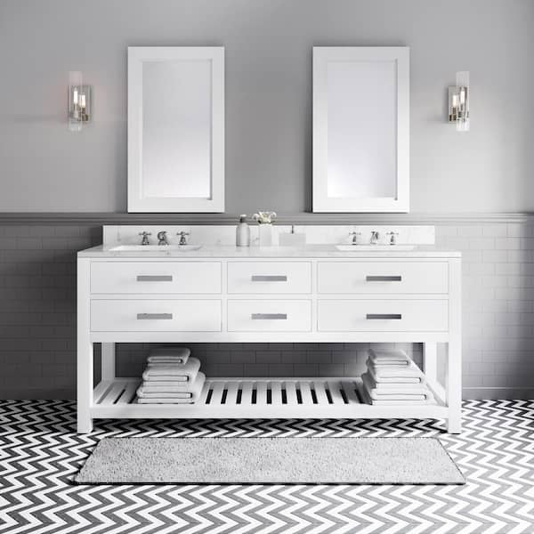 Water Creation 72 in. W x 21.5 in. D Vanity in White with Marble Vanity Top in Carrara White and Chrome Faucets