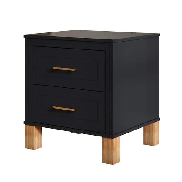 Preston Black 20.47 in. W 2 Drawer Nightstand with Metal Handle and Elegant Fluted Design