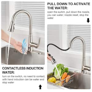 Touchless Gooseneck Single Handle Pull Down Sprayer Kitchen Faucet with Deckplate Pull Out Sink Faucet in Brushed Nickel