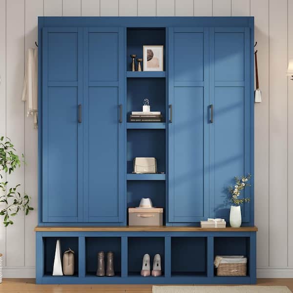 Blue 62.9 in. Farmhouse 4-in-1 Hall Tree with 6 Hanging Hooks, Mudroom Wood Grain Bench