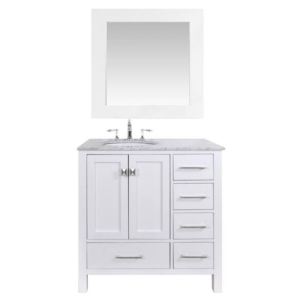 stufurhome Malibu 36 in. Vanity in Pure White with Marble Vanity Top and Mirror in White