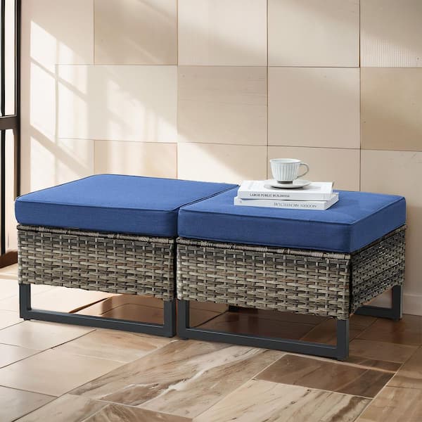 Gray Wicker Outdoor Ottoman with Metal Legs, Rattan Ottoman with Navy Blue Cushions for Patio Porch (2-Pack)