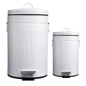 3.2 Gal./12-Liter and 0.8 Gal./ 3-Liter Old Time New York Style Round White Metal Step-on Trash Can Set