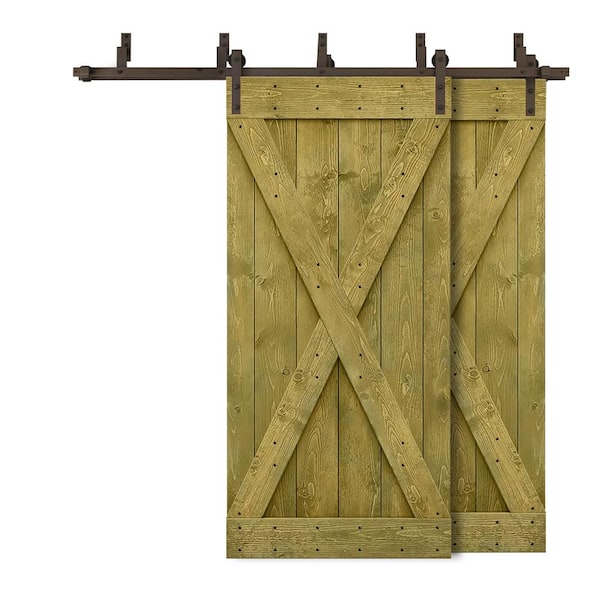 CALHOME 80 in. x 84 in. X Bypass Jungle Green Stained DIY Solid Wood Interior Double Sliding Barn Door with Hardware Kit