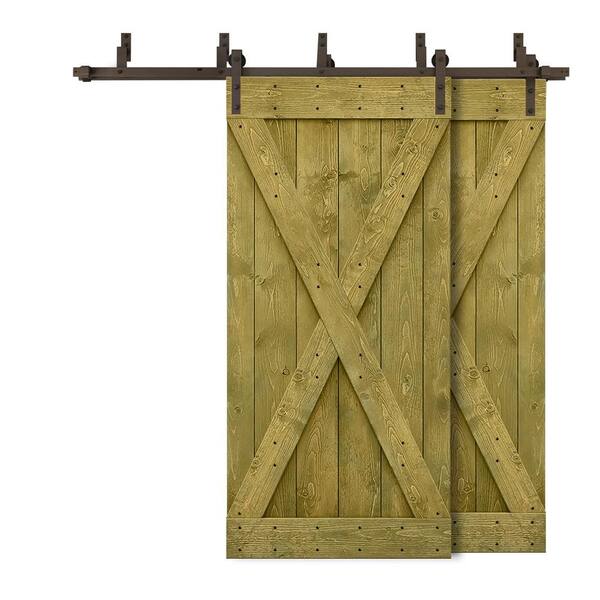 CALHOME 88 in. x 84 in. X Bypass Jungle Green Stained DIY Solid Wood Interior Double Sliding Barn Door with Hardware Kit