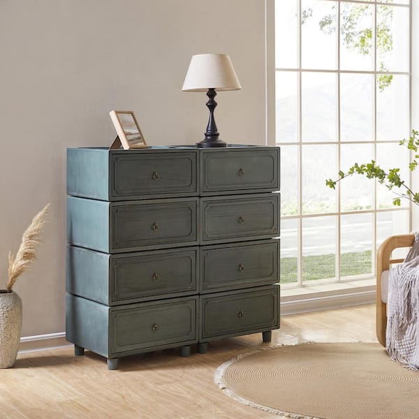 Geraint Blue Transitional 8 - Drawer Nightstand with Paulownia Wood Tracks Set of 4