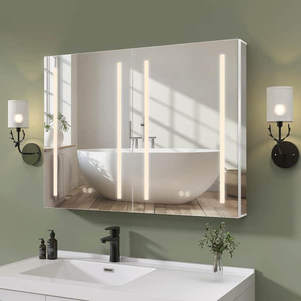Getpro 40 in. W x 30 in. H Recessed/Surface Mount Rectangular Aluminum Frameless Medicine Cabinet with Mirrors and LED Lights