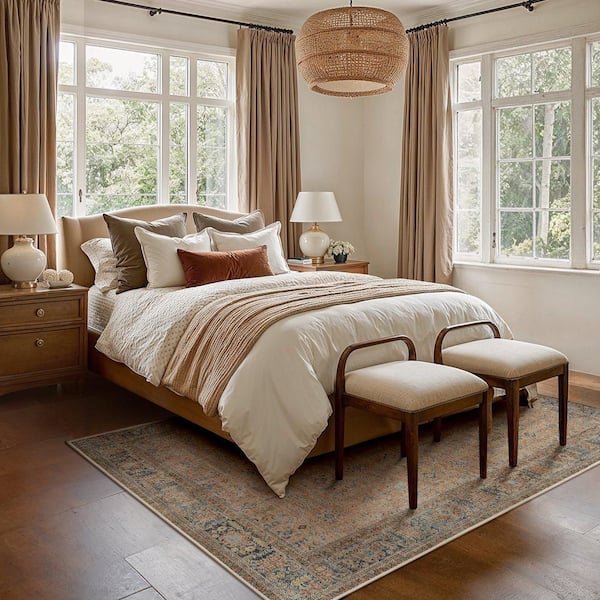 Bakhita Machine Washable Brown/Blue 5 ft. x 7 ft. Floral Indoor Area Rug