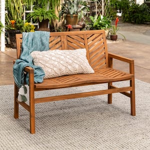 Brown Acacia Wood Outdoor Loveseat with Chevron Design