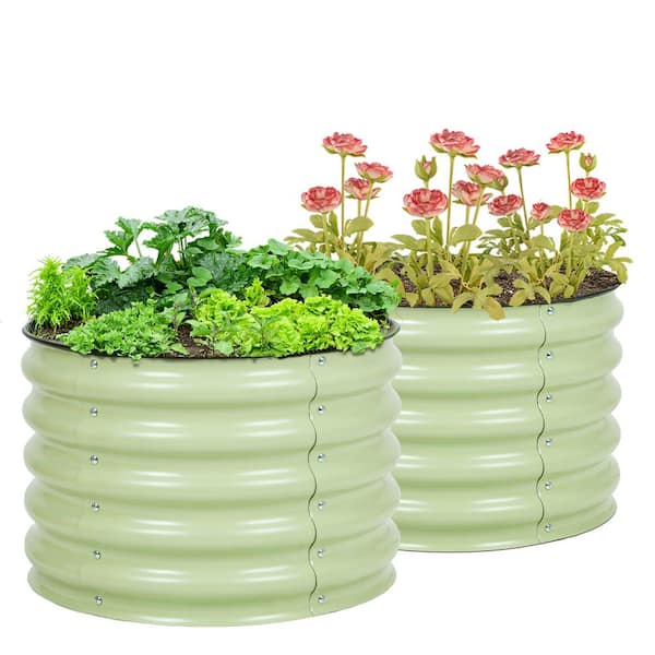 24 in. W x 17 in. H Green Round Galvanized Metal Raised Garden Bed Ground Modular Planter Boxes (2-Pack)