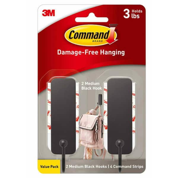 Medium Decorative Hooks, Matte Black, Damage Free Decorating, 2 Hooks and 4 Strips