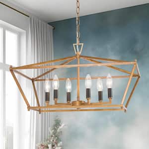 Modern Chandelier 6-Light Vintage Gold Geometric Cage Chandelier with Black Candlestick for Kitchen, Living Room