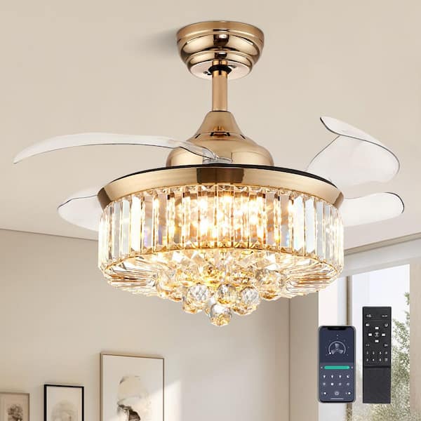 Pacific Core 36 in. Indoor Gold Downrod Mount Retractable Crystal Ceiling Fan Chandelier Fandelier with Led Light Kit and Remote