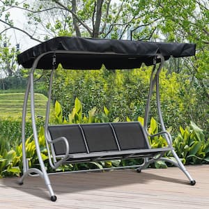 Black 3-Seat Outdoor Metal Patio Swing with Stand, Adjustable Shade