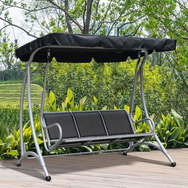 Sudzendf Black 3-Seat Outdoor Metal Patio Swing with Stand, Adjustable Shade