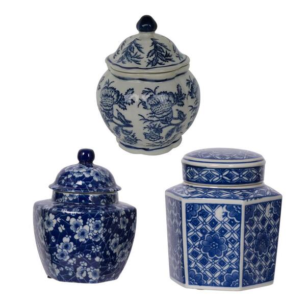 A & B Home Leith White/Blue Decorative Jars (Set of 3)