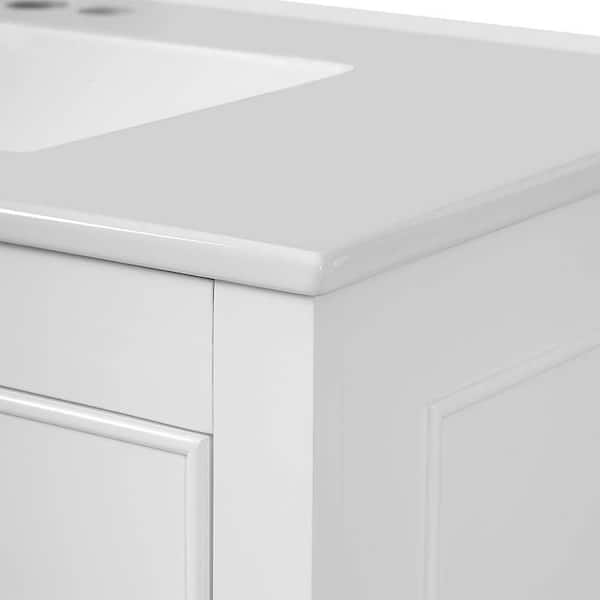 36 in. W x 18 in. D x 34 in. H Single Sink Bath Vanity in White with White Resin Integrated Top, 4 Drawers and 1 Door