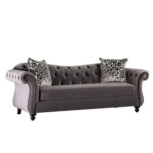 91 in. Rolled Arm Velvet Rectangle Reverse Camelback Sofa in Gray and Black