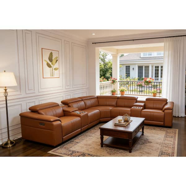 227 in. Faux Leather L-Shaped Power Recliner Sectional Sofa in Brown with Bluetooth Speakers and Storage Console