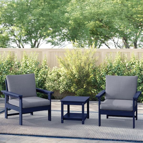 Navy Blue 3-Piece Eco-Friendly HDPE Patio Seating Set Conversation Set with Gray Cushions and Side Table