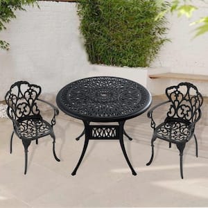 3-Piece Black Cast Aluminum Outdoor Dining Set, Patio Furniture with 35.43 in. Round Table and Random Color Cushions