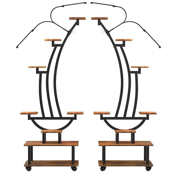 SEEUTEK 24.8 in. W x 3.9 in. D x 61 in. H Indoor/Outdoor Brown Metal 7-Tier Tall Banana Shape Plant Stand with Grow Light