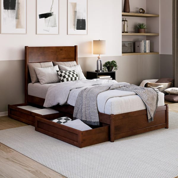 Ronan Walnut Brown Wood Frame Twin XL Platform Bed with Footboard and Storage Drawers