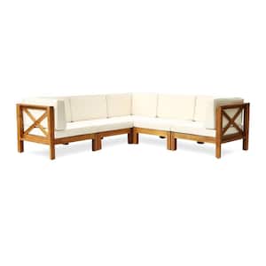 Brava Teak Brown 5-Piece Wood Outdoor Patio Sectional Set with Beige Cushions