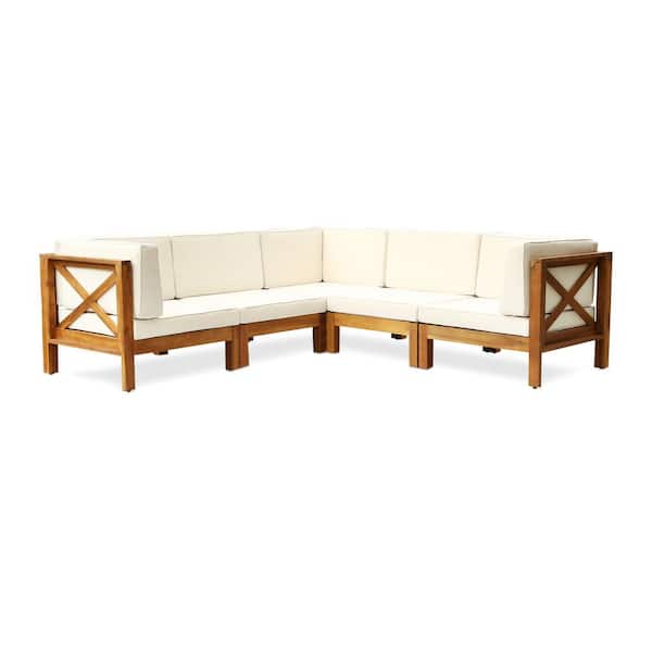 Noble House Brava Teak Brown 5-Piece Wood Outdoor Patio Sectional Set with Beige Cushions