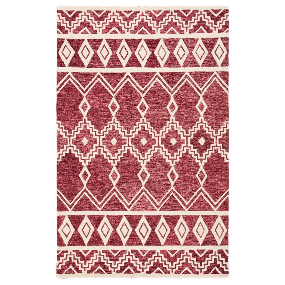 Red and Ivory Handmade Wool Abstract Tufted 4' x 6' Rug