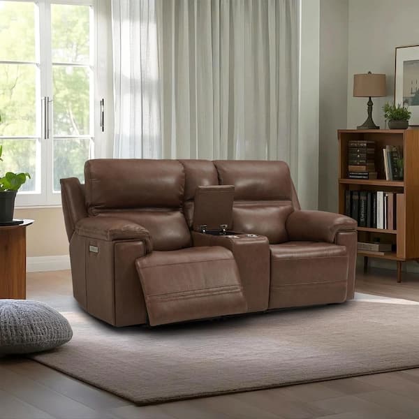 Vito 85 in. 2-Seat Genuine Leather Power Reclining Console Loveseat with Headrest, USB/USB-C Ports in LightBrown