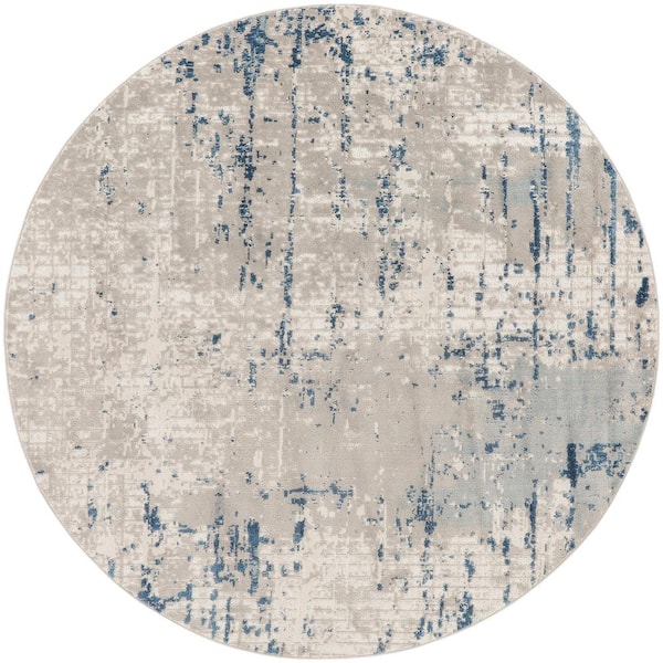 Nourison Concerto Ivory Grey Blue 8 ft. x 8 ft. Distressed Contemporary Round Area Rug