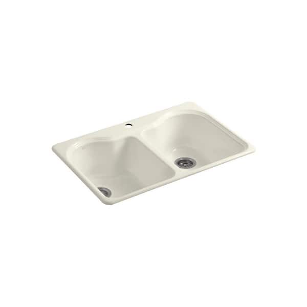 Hartland Drop-In Cast Iron 33 in. 1-Hole Double Bowl Kitchen Sink in Biscuit