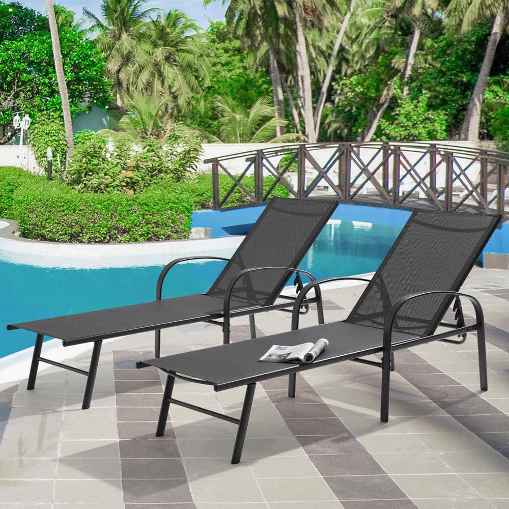 Sonkuki Stackable Mental Frame Sling Outdoor Lounge Chair in Black