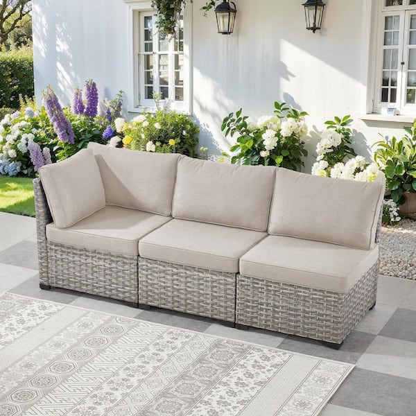 3-Piece Modular Taupe Wicker Patio Conversation Set with Beige Olefin Cushions (1 Corner and 2 Armless Seats)