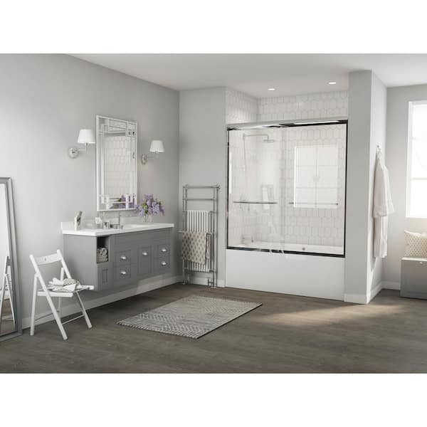 Coastal Shower Doors Paragon 1/4 Series 60 in. x 58 in. Semi-Framed Sliding Tub Door with Radius Curved Towel Bar in Chrome with Clear Glass