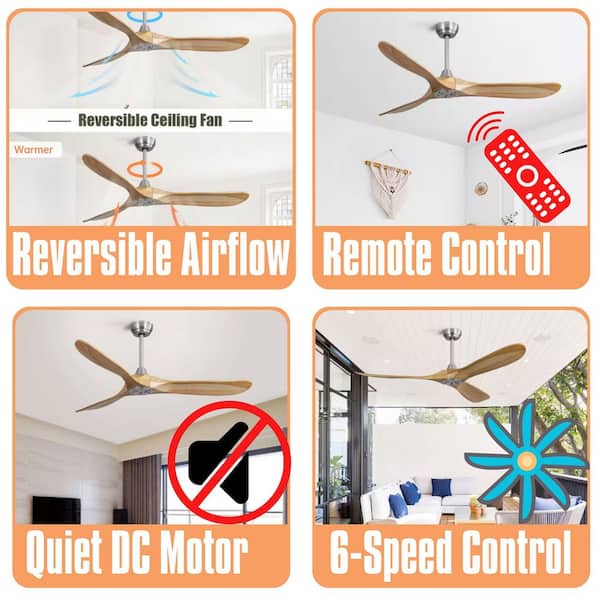 60-Inch Ceiling Fan without Light, Solid Wood Blades, 6-Speed Reversible DC Motor, Standard Downrod Mount