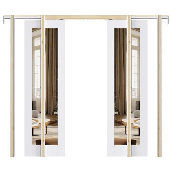 48 in. x 80 in. 1-Lite White Mirrored Glass Primed MDF Wood Pocket Sliding Door with Pocket Door Frame and Hardware Kit