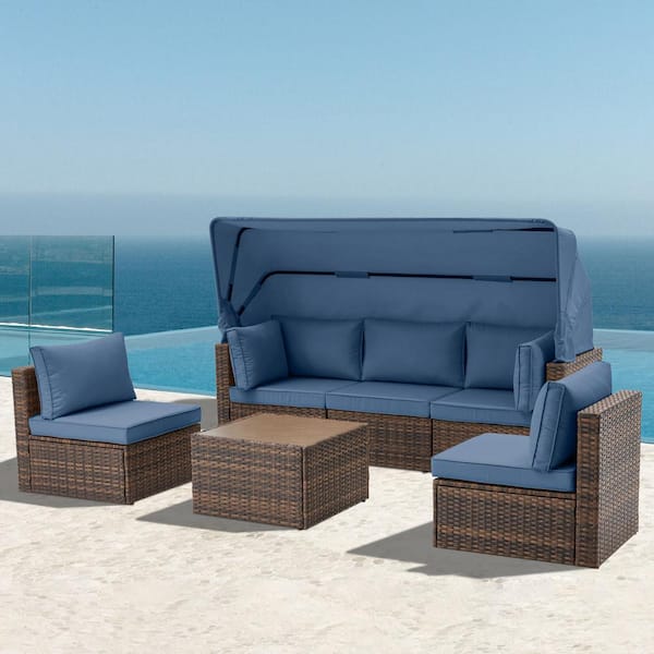 Unbranded 6-Piece Brown Wicker and Steel Frame Outdoor Patio Sectional Set with Dark Blue Cushions, Adjustable Canopy and Backrest